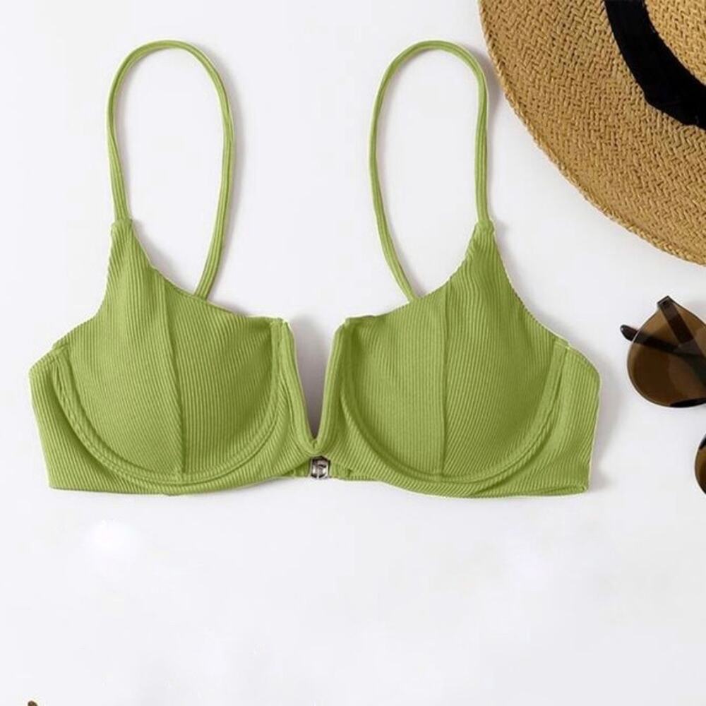 SEAFOLLY Sage Olive Green Ribbed Plunge V Underwire Padded Bikini Swimsuit Top S